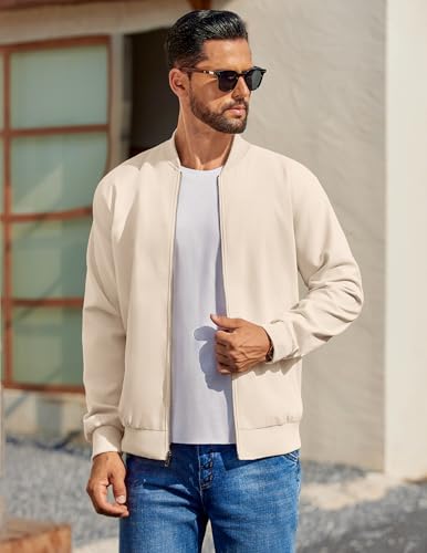 COOFANDY Mens Casual Lightweight Cotton Jacket Fashion Flight Linen Bomber Varisty Jacket With Pockets Beige, X-Large