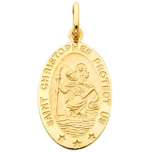 The World Jewelry Center 14k Real Yellow Gold Religious Saint Christopher Medal Pendant with 1.5mm Flat Open Wheat Chain Necklace - 18"
