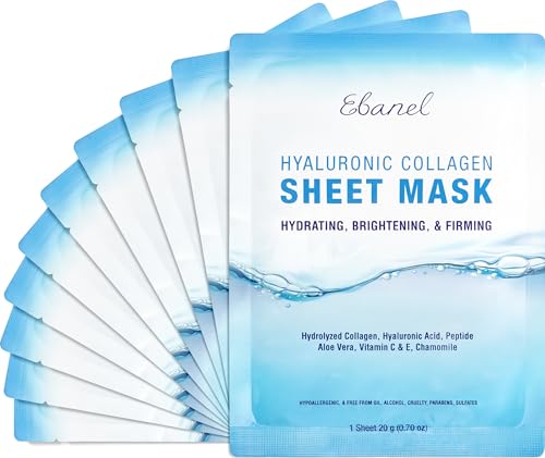 Ebanel 10-Pack Collagen Face Mask with Hyaluronic Acid, Vitamin C, Peptide