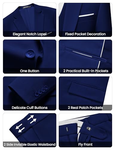 WULFUL Men’s Slim Fit Suit One Button 3-Piece Blazer Dress Business Wedding Party Jacket Vest & Pant Blue