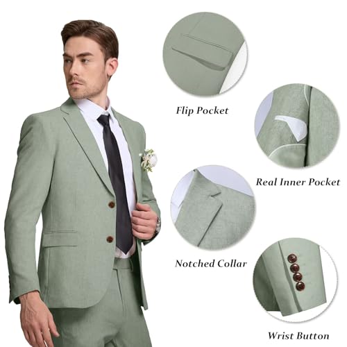 Aowdoy Men's Linen Suits Slim Fit Casual Lightweight Blazer Jacket and Pants Set for 2 Piece Summer Beach Wedding Suit Light Green S