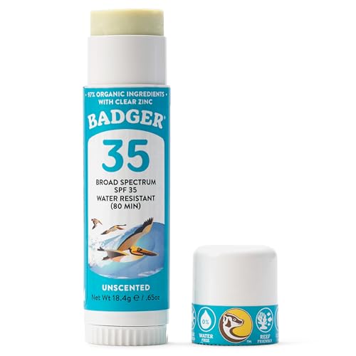 Badger Mineral Sunscreen Face Stick SPF 35, 97% Organic Unscented Zinc Oxide Travel Sunscreen, Coral Reef Safe Travel Size Stick, .65 oz