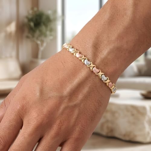 Floreo 14k Tri-Color Gold 5.7mm XOXO Heart Stampato Link Bracelet, 7.25 Inch