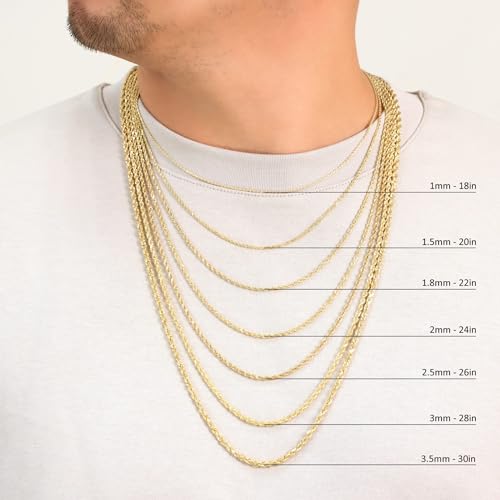 Nuragold 10K Real Yellow Gold Solid Rope Chain Diamond Cut Italian Necklace - 26",1.5mm