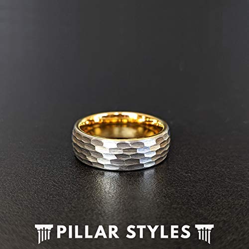 Silver and 14K Gold Hammered Tungsten Rings for Men Wedding Band 8mm Unique Viking Ring Comfort Fit Sizing Golden Anniversary Gifts for Him