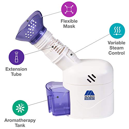 MABIS Facial Steamer, Steam Inhaler, Vaporizer or Vocal Steamer with Aromatherapy Diffuser and Soft Face Mask for Personal and Facial Steaming, 25mL