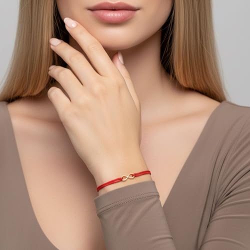 Luck Strings 14k Solid Gold Infinity Cord Bracelet String Charm Adjustable Jewelry Unisex Rope Thread Bracelets for Women Men (Red)