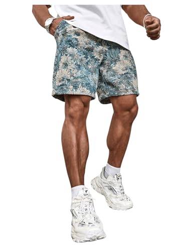 GORGLITTER Men's Floral Embroidery Drawstring Shorts Graphic Paisley Casual Gym Shorts Blue Medium