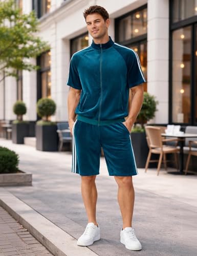 SAMDIPLUS Mens Velour Tracksuit 2 Piece Outfit Short Sleeve Full Zip Jacket and Shorts Set Summer Casual Loungewear