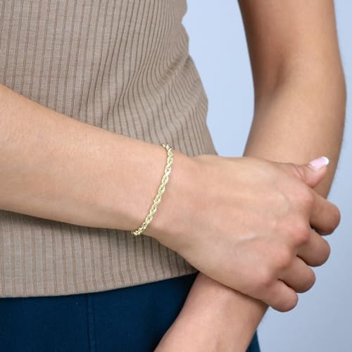 Nuragold 14k Real Yellow Gold Rope Chain 4mm Solid Diamond Cut Men Bracelet - 7.5"