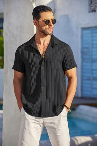 COOFANDY Button Down Shirt Men Short Sleeve Shirt Button Up Shirts for Men Linen Shirts for Men Summer Beach Shirt Black