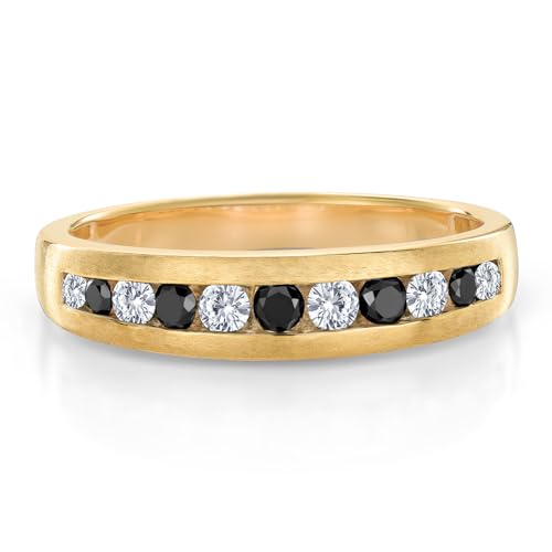 Gem Stone King Men's 10K Yellow Gold White Lab Grown Diamond and Black Diamond Satin Finish Wedding Band Ring for Men | 0.61 Cttw | Available In Size 7, 8, 9, 10, 11, 12, 13 | Size 10