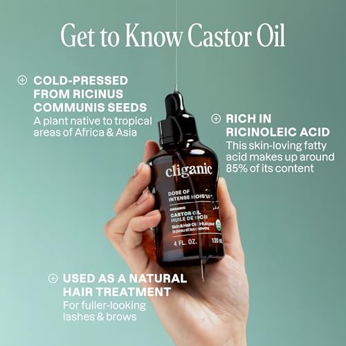 Cliganic Castor Oil Organic Cold Pressed, 100% Pure (8oz with Eyelash Kit) - For Eyelashes, Eyebrows, Hair & Skin | Bulk, Natural Unrefined Hexane-Free | DIY Carrier Oil