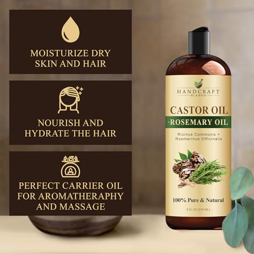 Handcraft Blends Castor Oil with Rosemary Oil 8 Fl Oz | 100% Pure and Natural | Premium Grade Carrier Oil | Hair, Eyelashes and Eyebrows | Hair and Body