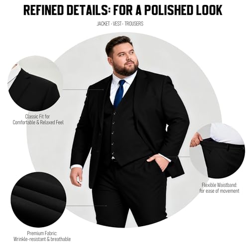 GATMSTZ 3 Piece Suits for Men Big and Tall Regular Fit Blazer Men Tuxedo Suit Set Classic Fit Jacket Vest Pants (Black,56L)