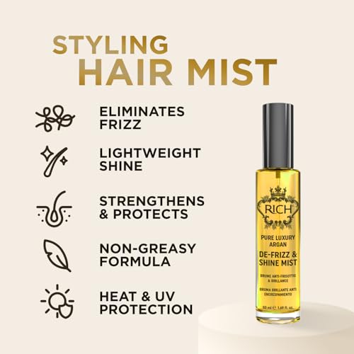 RICH Pure Luxury Argan De-Frizz & Shine Hair Mist - Lightweight Formula, Hydration, Frizz Protection - enrich with Argan Oil and Almond Oil - 1.69 Oz
