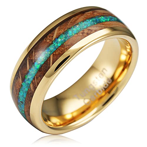 100S JEWELRY 14k Gold Tungsten Rings For Men Whiskey Barrel & Green Opal Wedding Promise Engagement Band Size 6-16 (Gold, 10)