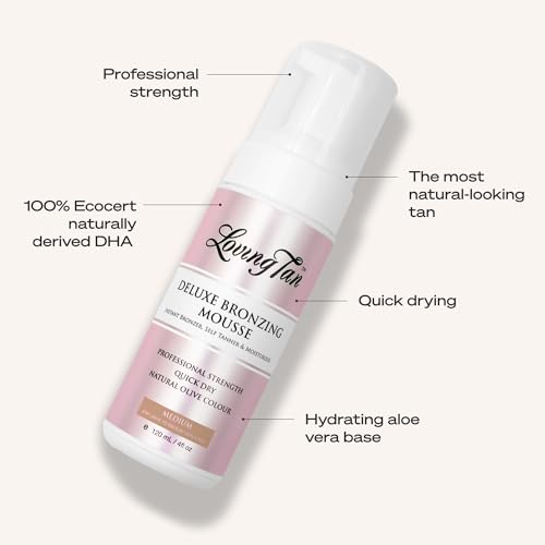 Loving Tan Deluxe Self Tanning Bronzing Mousse, Medium - Streak Free, Professional Quality Sunless Tanning - Up to 5 Self Tanner Applications per Bottle, Cruelty Free, Naturally Derived DHA - 4 FL Oz