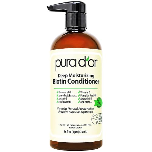 PURA D'OR Deep Moisturizing Biotin Hair Regrwoth Conditioner Thickens, Softens, & Moisturizes Dry, Frizzy, Damaged Hair w/Argan Oil, Pumpkin, Rosemary, Honeysuckle, Vitamin E, Men & Women, 16oz