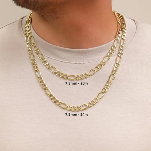 Nuragold 14k Real Yellow Gold Figaro Link 7.5mm Wide Chain Mens Necklace - 24"