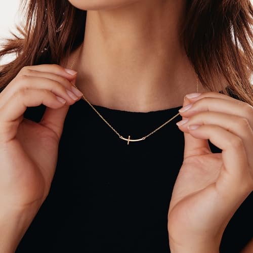 Gelin Dainty Curved Sideways Cross Necklace for Women in 10K Solid Gold, 18 Inch Chain
