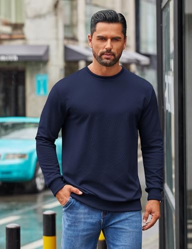 COOFANDY Men's Crewneck Sweatshirts Geometric Texture Casual Long Sleeve Pullovers Solid Color Lightweight Pullover Tops