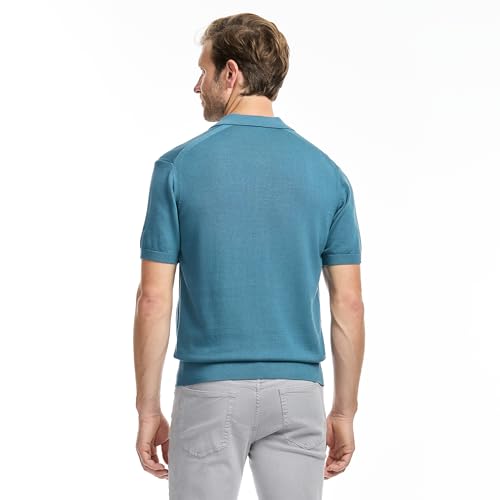 SAKS Fifth Avenue Men's Short Sleeve Rib Knit Sweater Polo, Premium Cotton Blend Knit Top, Classic-Fit & Richly Detailed, Teal, M