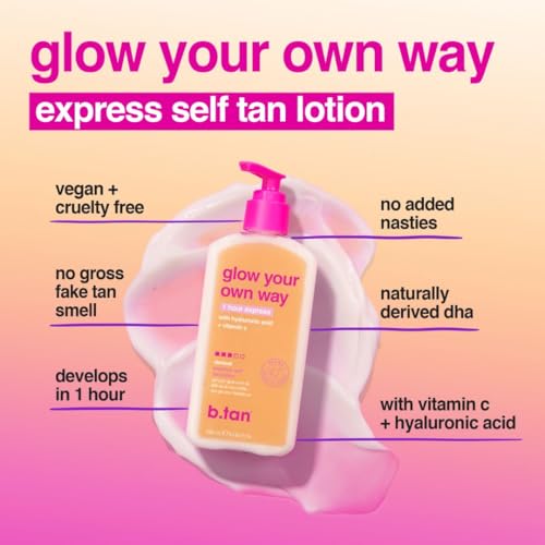 b.tan Dark Self Tanning Lotion | Glow Your Own Way 1 Hr Express Sunless Tanner - Daily Quick Suntan Cream, Best Natural Bronze, Ultra Hydrating, Face & Body, No Fake Tan Smell, Summer & Pool Essential