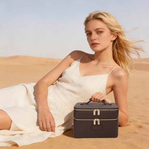 HiTotes Large Makeup Bag Duo Vanity Case for Women Leather Makeup Case Travel Toiletry Bag Portable Double Layer Cosmetic Bag