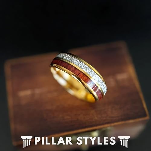 Koa Wood Rings for Men Wedding Band Meteorite Ring Tungsten 14K Gold Ring with Wooden Inlay Tropical 8mm Unique Space Rock Yellow Gold Gifts for Him Cosmic Couples Rings