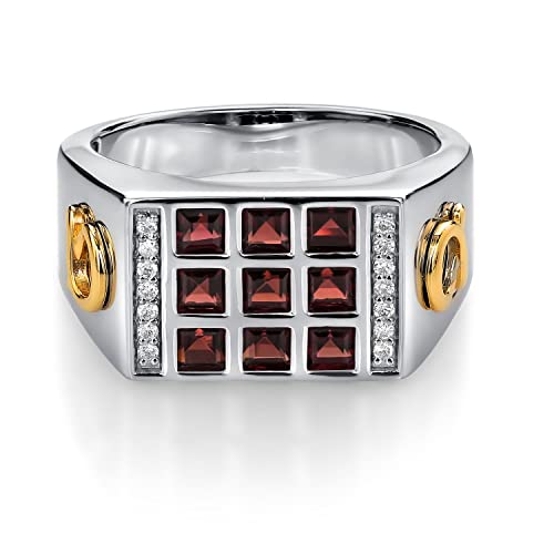 Gem Stone King Red Garnet and White Lab Grown Diamonds Ring for Men | 10K Yellow Gold and 925 Sterling Silver | 1.27 Cttw| Size 11