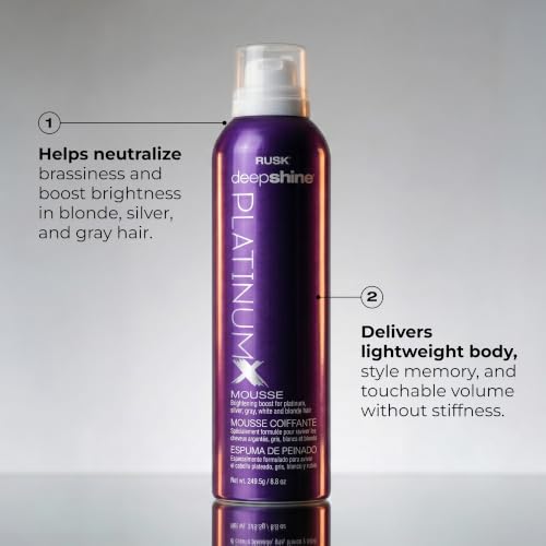 RUSK Deepshine PlatinumX Mousse, Lightweight, Alcohol-Free, for Platinum, Blonde, Gray, and Silver Hair, Enhances Body and Volume While Restoring Haircolor, 8.8 oz