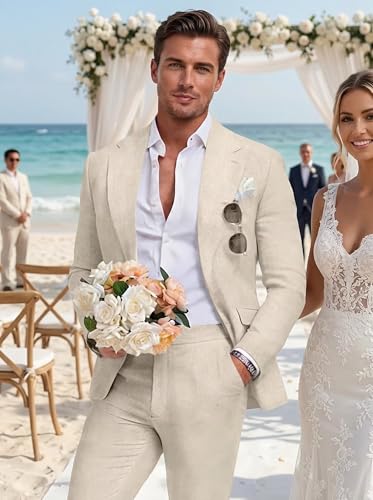 Aowdoy Men's 2 Piece Beige Linen Suits Slim Fit Casual Summer Beach Wedding Dress Prom Suit Blazer Jacket and Pants Beige M