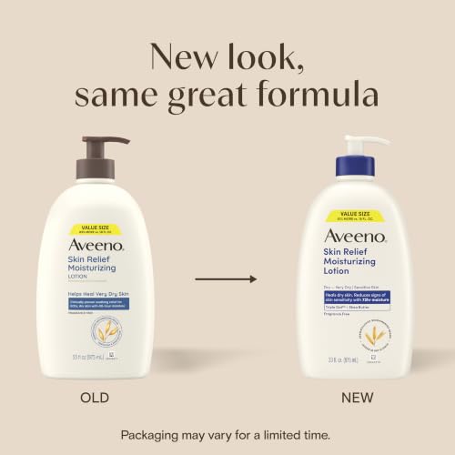 Aveeno Skin Relief Moisturizing Body Lotion Heals Very Dry, Sensitive Skin, Fast-Absorbing Lotion with Soothing Triple Oat & Shea Butter Formula, Fragrance Free Lotion, Non-Comedogenic, 33 Fl Oz