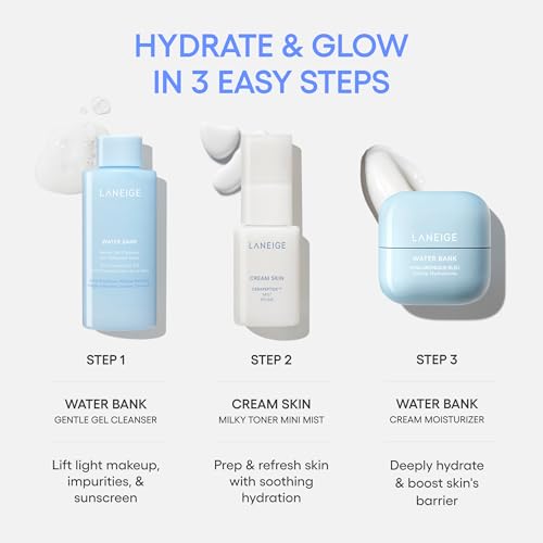 LANEIGE Daily Hydration Essential Set | Gentle Gel Cleanser, Cream Skin Mist, & Water Bank Blue Hyaluronic Cream Moisturizer