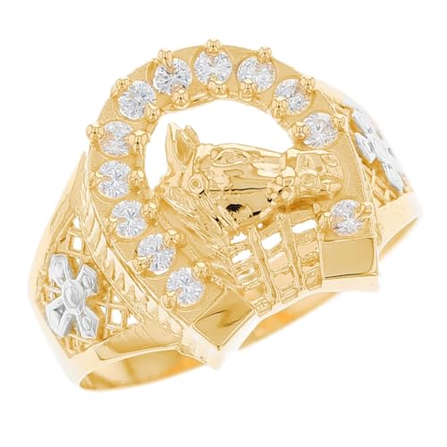 emgeedi 10k Two Tone Solid Gold Horse Lucky Horseshoe CZ Mens Ring - Size 10.75