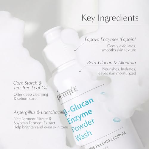 Petitfee B-Glucan Enzyme Wash, Facial Cleanser, Cleansing Powder with Papaya Extract Papain, Rice Ferment Extract for Gentle, Daily Exfoliation, Powder Soap, Cleansing Mask (80g (2.82o.z))