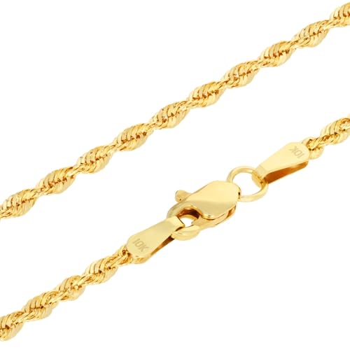 Nuragold 10k Real Yellow Gold 2mm Rope Chain Lightweight Necklace (16"-30") - 22"