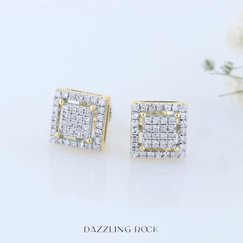 Dazzlingrock Collection 0.32 Ctw Natural Round White Diamond 7.5mm Square Hip Hop Studs in 10K Solid Yellow Gold, Screw Back,Unisex Design Ladies,Mens Real Diamond Earrings