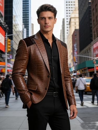 Men's Faux Leather Blazer Crocodile Embossed Jacket Genuine Alligator Crocodile Print Leather Sports Coat Black