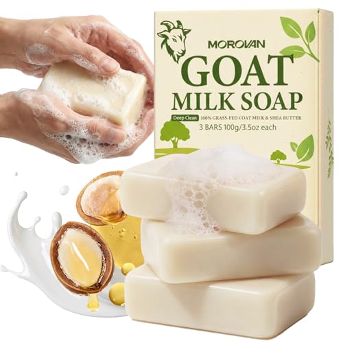 Morovan Goat Milk Soap Body Cleanser: Gently Cleansing & Moisturizing for All Skin Types 3 Bars 10.5oz Goat Soap Gentle Formula for Dry Skin, Eczema & Sensitive Skin Men & Women Daily Use