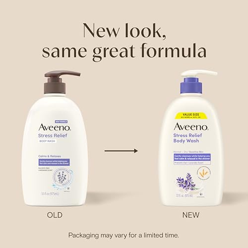Aveeno Stress Relief Moisturizing Body Lotion, Lavender Scent with Prebiotic Oat for Sensitive Skin, Lightly Scented Lotion with 48-Hour Hydration, Fast Absorbing, Non-Greasy, Value Size 33 Fl Oz