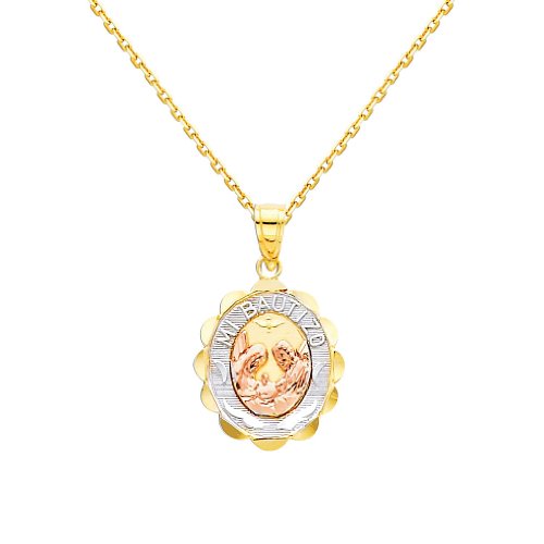 The World Jewelry Center 14k Real Tri-Color Gold Religious Baptism Pendant with 0.9mm Cable Chain Necklace - 18"