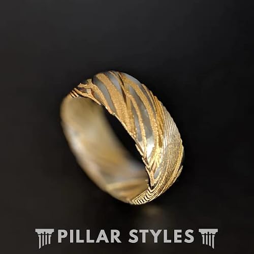 Thin 14K Gold Ring Damascus Wedding Bands 6mm Yellow Gold Damascus Rings For Him 6mm/8mm Couples Ring Set Comfort Fit Silver Stainless Steel