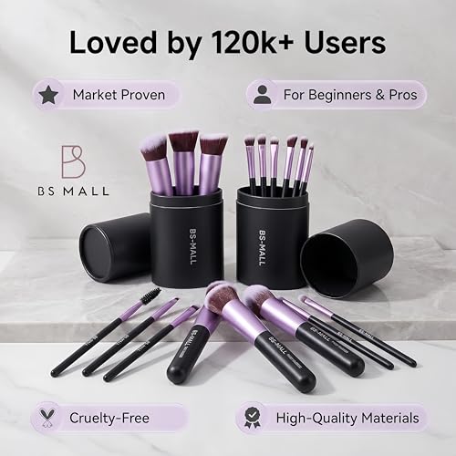 BS-MALL Makeup Brushes Premium Synthetic Foundation Powder Concealers Eye Shadows 14 Pcs Purple for Makeup Beginner or Professional with Travel Case