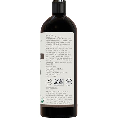Viva Naturals Organic Castor Oil, Cold-Pressed, 16 fl oz – For Face, Hair, Eyelashes, USDA Organic, Non-GMO - With Beauty Kit