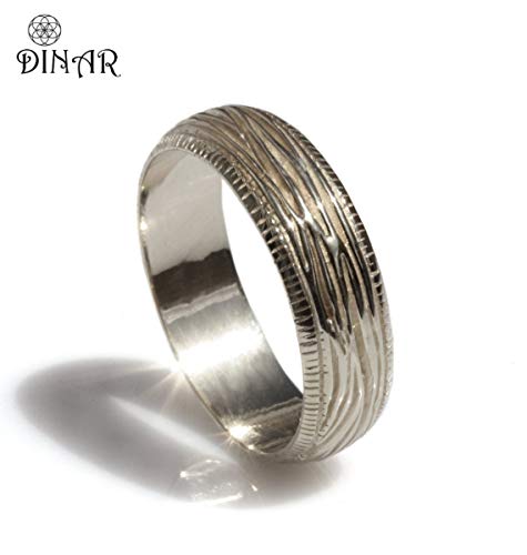 14k solid gold woodgrain tree bark textured rounded milgrain comfort fit men gold wedding band
