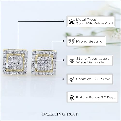 Dazzlingrock Collection 0.32 Ctw Natural Round White Diamond 7.5mm Square Hip Hop Studs in 10K Solid Yellow Gold, Screw Back,Unisex Design Ladies,Mens Real Diamond Earrings