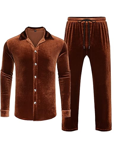 LecGee Mens Fashion Pants Set Velour Velvet Button Down Shirt Casual Fall 2 Piece Lounge 80s Outfit Tracksuit(Brown,XXL)