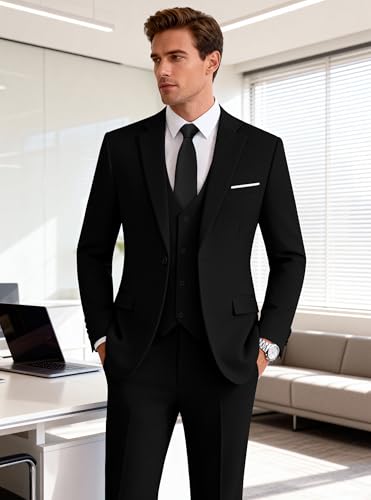 WULFUL Mens Suit 3 Piece Slim Fit Suits for Men One Button Blazer Jacket Pants Tuxedo Suit Set for Prom, Wedding and Business Black